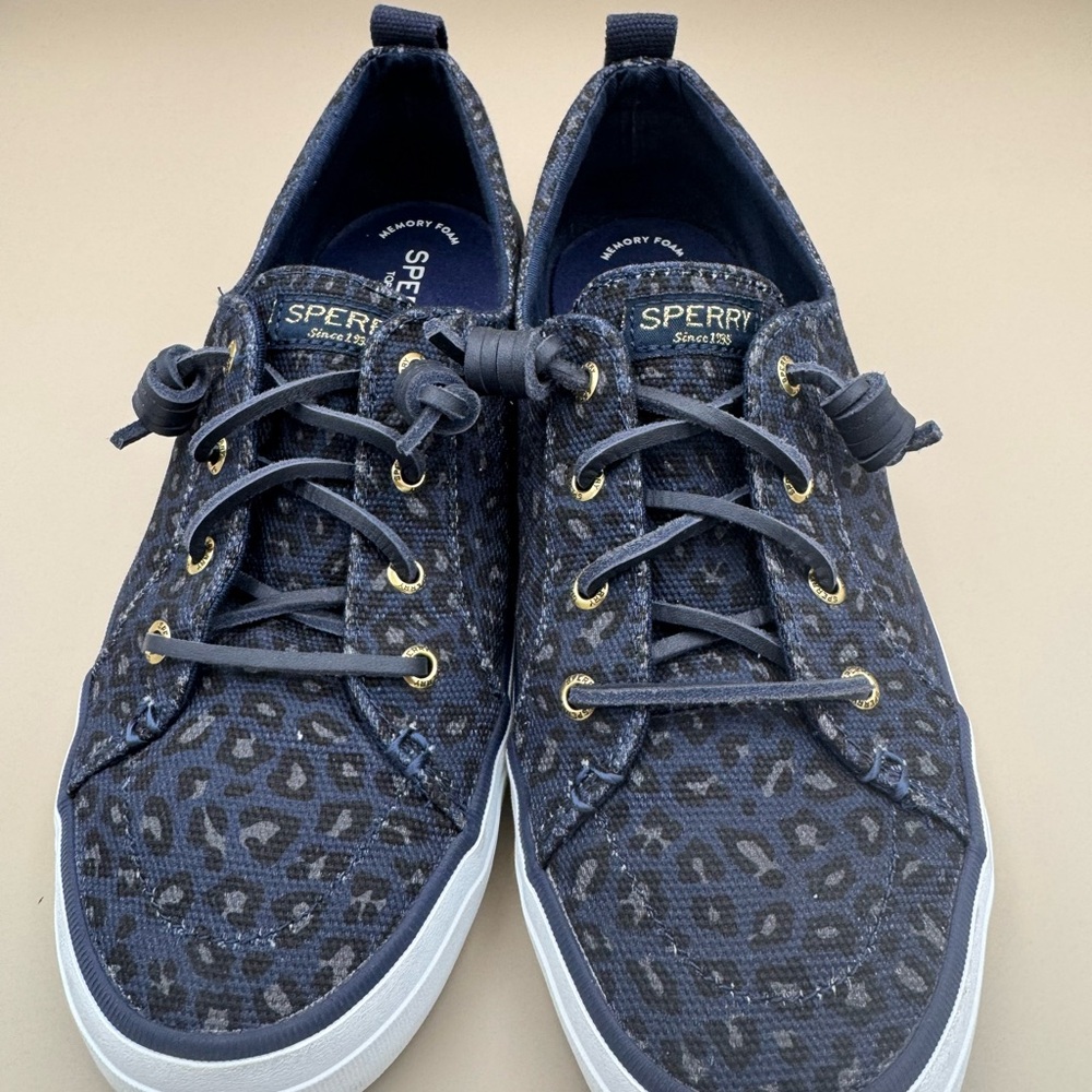 Sperry Dark Blue Leopard-Pattern Canvas Lace-Up Sneakers